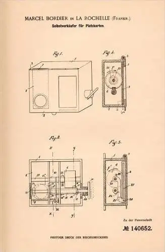 Original Patentschrift - M. Bordier à La Rochelle , 1901 , Distributeur automatique de billets, cartes d'endroit !!!