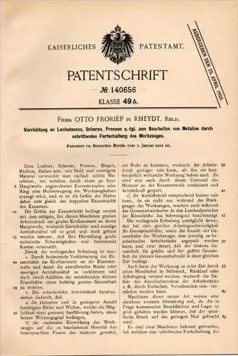 Original Patentschrift - O. Froriep in Rheydt i. Rhld., 1902 , Apparat für Presse , Stanze , Metallbau , Metall !!!