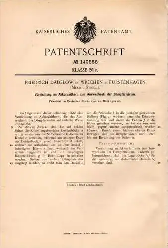 Original Patentschrift - F. Dädelow in Wrechen , Meckl. - Strelitz , 1902 , Apparat für Zither , Instrument , Musik  !!!