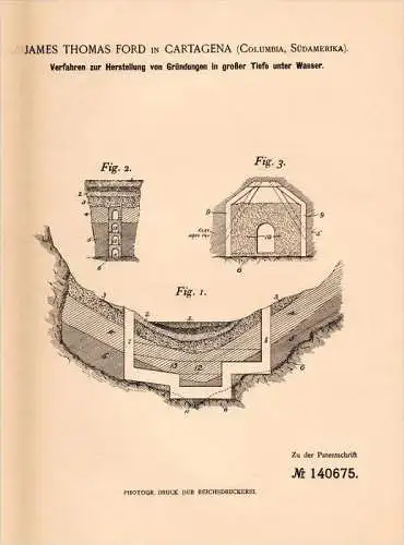 Original Patentschrift - J.Th. Ford in Cartagena , Columbia ,1902, Gründung in tiefem Wasser , Brückenbau , Hafen , Damm