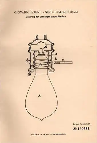 Original Patentschrift - G. Bogni in Sesto Calende , 1902 , Fusibile per le lampadine, lampada , Italia !!!