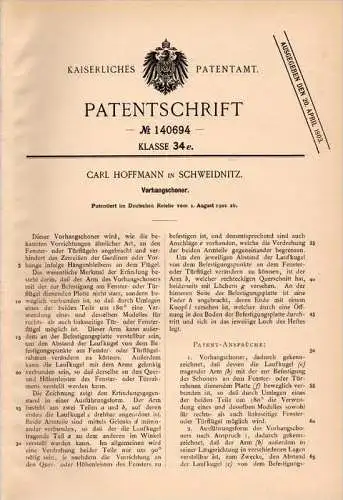 Original Patentschrift - C. Hoffmann in Schweidnitz / Swidnica i. Schl., 1902 , Vorhangschoner , Fenster , Türen  !!!