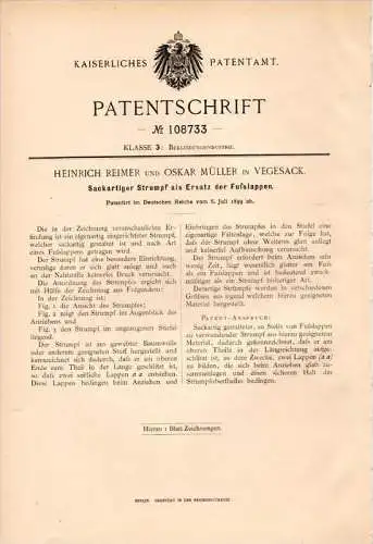 Original Patentschrift - H. Reimer und O. Müller in Vegesack b. Bremen , 1899 , Strumpf als Fußlappen , Kleidung !!!