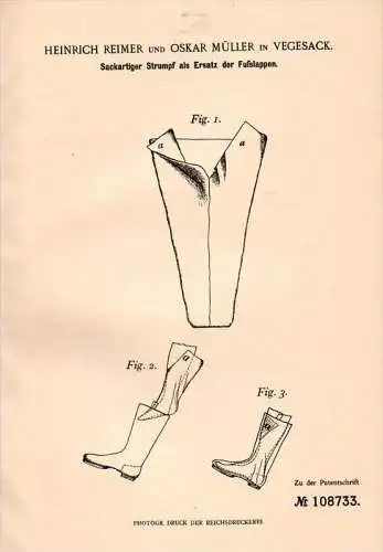 Original Patentschrift - H. Reimer und O. Müller in Vegesack b. Bremen , 1899 , Strumpf als Fußlappen , Kleidung !!!