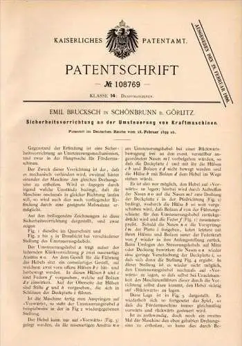 Original Patentschrift - E. Bruksch in Schönbrunn b. Görlitz , 1899 , Sicherung für Kraftmaschine , Dampfmaschine !!!