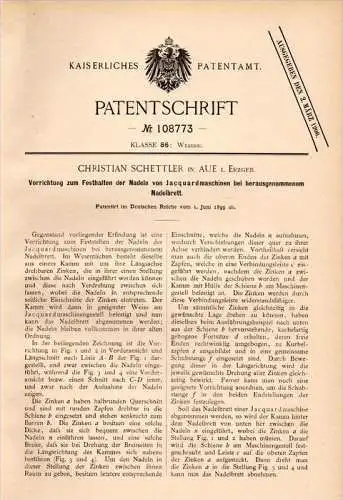 Original Patentschrift - Ch. Schettler in Aue i. Erzgeb., 1899 , Apparat für Jacquardmaschinen , Weberei , Webstuhl !!!