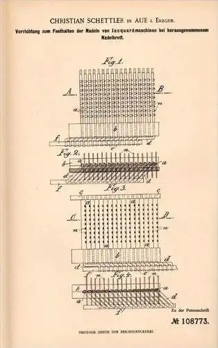 Original Patentschrift - Ch. Schettler in Aue i. Erzgeb., 1899 , Apparat für Jacquardmaschinen , Weberei , Webstuhl !!!