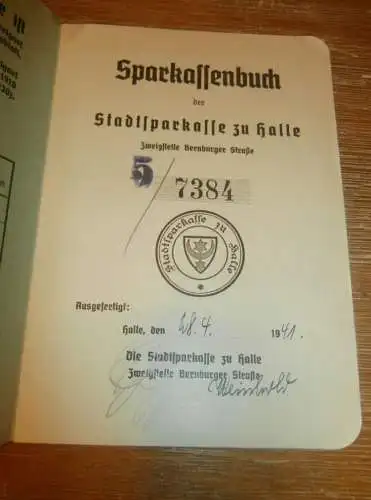 altes Sparbuch Halle , 1941 , Oberleutnant Alfred Sandmann in Halle, Sparkasse , Bank !!!