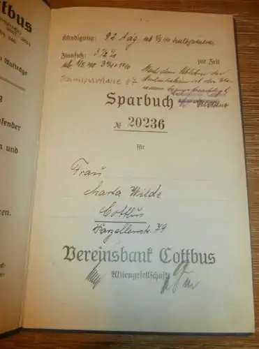 altes Sparbuch Cottbus , 1939 - 1943 , Marta Wilde in Cottbus , Sparkasse , Bank !!!