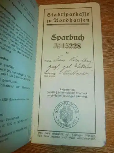 altes Sparbuch Nordhausen , 1935 - 1943 , Rosa Markgraf geb. Wetterau in Nordhausen , Marggraf , Sparkasse , Bank !!!