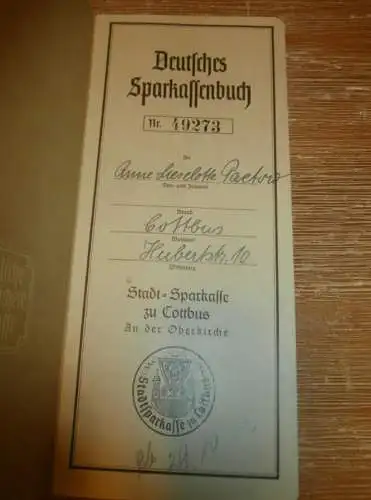 altes Sparbuch Cottbus , 1942 - 1944 , Anne Lieselotte Paetow in Cottbus , Sparkasse , Bank !!!