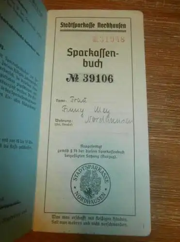 altes Sparbuch Nordhausen , 1941 - 1945 , Finny Mey in Nordhausen , Sparkasse , Bank !!!