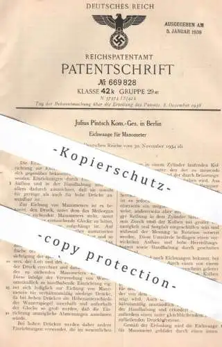 original Patent - Julius Pintsch KG , Berlin , 1934 ,  Eichwaage für Manometer | Waage , Waage , Eichung | Motor Motoren