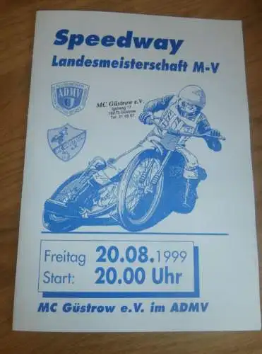 Speedway Güstrow 20.08.1999 , Landesmeisterschaft , Programmheft , Programm , Rennprogramm !!!