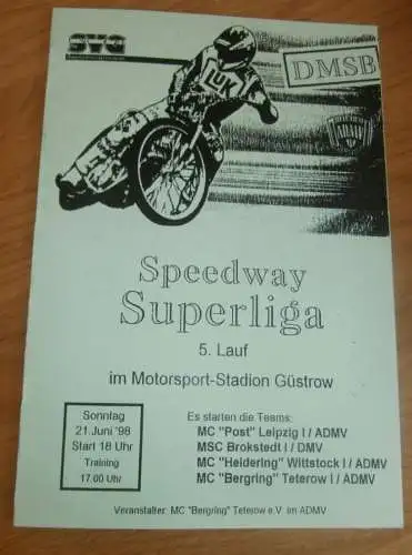 Speedway Güstrow 21.06.1998 , Superliga , Brokstedt , Leipzig , Teterow , Programmheft , Programm , Rennprogramm !!!