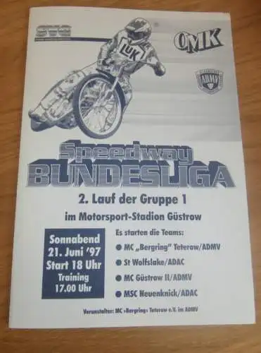 Speedway Güstrow 21.06.1997 , Bundesliga , Wolfslake , Neuenknick , Programmheft , Programm , Rennprogramm !!!