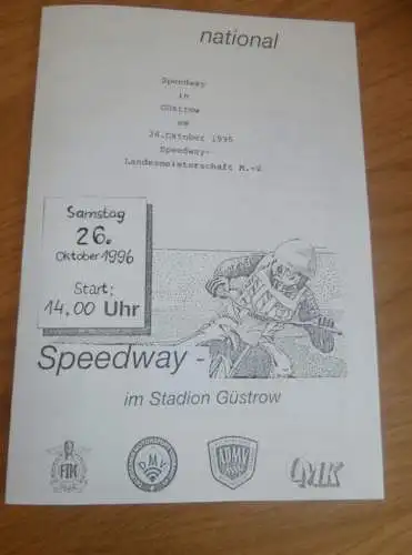 Speedway Güstrow 26.10.1996 , Landesmeisterschaft , Programmheft , Programm , Rennprogramm !!!