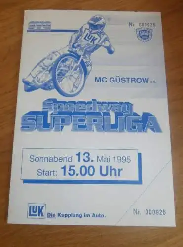 Speedway Güstrow 13.05.1995 , Superliga , Neubrandenburg , Brokstedt , Programmheft , Programm , Rennprogramm !!!