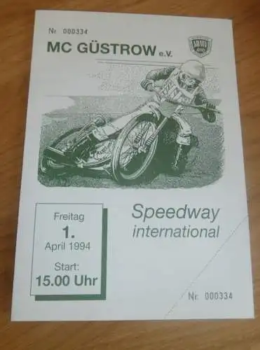 Speedway Güstrow 01.04.1994 , Prag , Vetlanda , Holsted , Neubrandenburg , Programmheft , Programm , Rennprogramm !!!