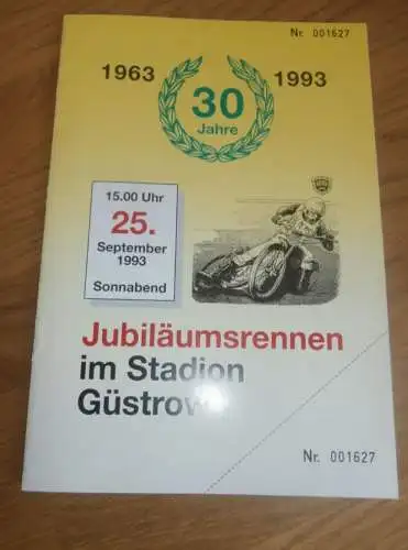 Speedway Güstrow 25.09..1993 , Jubiläum 30 Jahre Güstrow , Programmheft , Programm , Rennprogramm !!!