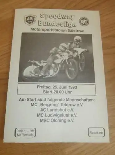 Speedway Güstrow 25.06..1993 , Bundesliga , Programmheft , Programm , Rennprogramm !!!