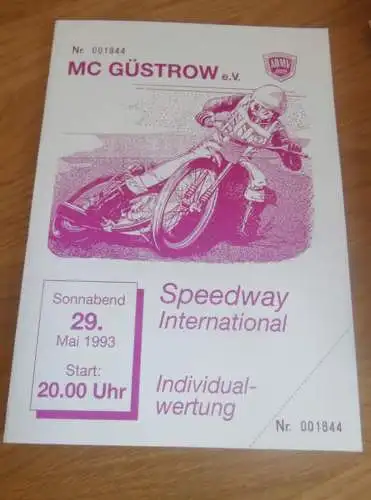 Speedway Güstrow 29.05.1993 , international , Programmheft , Programm , Rennprogramm !!!