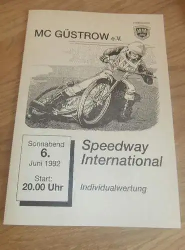 Speedway Güstrow 06.06.1992  , international , Programmheft , Programm , Rennprogramm !!!