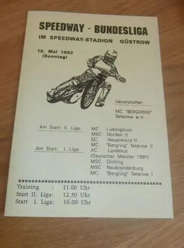 Speedway Güstrow 10.05.1992  , Bundesliga , Programmheft , Programm , Rennprogramm !!!