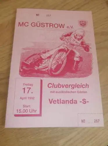 Speedway Güstrow 17.04.1992  , Vetlanda , Programmheft , Programm , Rennprogramm !!!