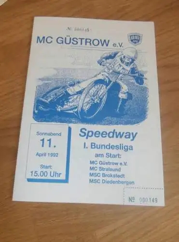 Speedway Güstrow 11.04.1992  , Bundesliga , Programmheft , Programm , Rennprogramm !!!