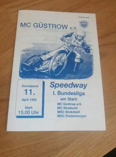 Speedway Güstrow 11.04.1992  , Bundesliga , Programmheft , Programm , Rennprogramm !!!