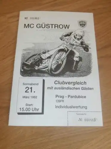 Speedway Güstrow 21.03.1992  , Prag , Pardubice , Programmheft , Programm , Rennprogramm !!!