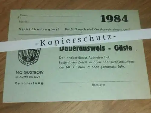 Speedway Güstrow , 1984 , DDR , Rennleitung Ausweis , ADMV !!!