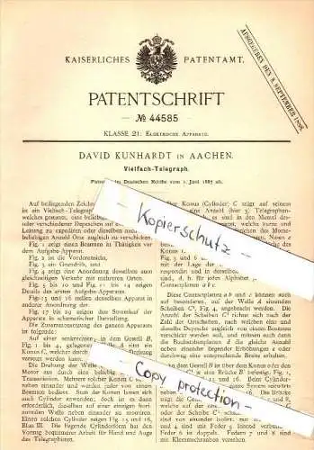 Original Patent - David Kunhardt in Aachen , 1887 , Vielfach - Telegraph , telegraphy , Telegraphie !!!