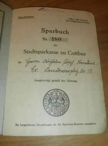 altes Sparbuch Cottbus , 1929 - April 1945 , Wilhelm Pösch in Cottbus , Sparkasse , Bank !!!