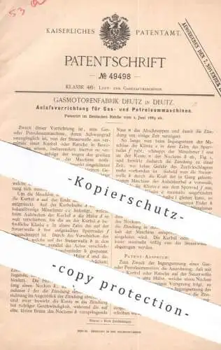 original Patent - Gasmotorenfabrik Deutz , Köln / Deutz | 1889 | Anlasser f. Gas- & Petroleummaschine | Gasmotor , Motor