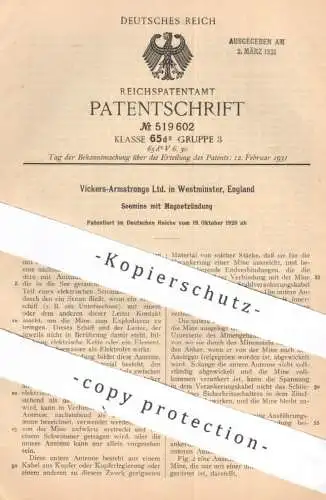 original Patent - Vickers Armstrongs Ltd. , Westminster , England , 1928 , Seemine mit Magnetzündung | Mine , Minen !!