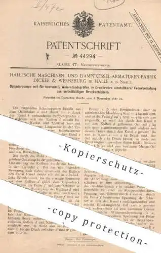 original Patent - Hallesche Maschinen- & Dampfkessel Armaturenfabrik Dicker & Werneburg , Halle | 1887 | Schmierpumpe !