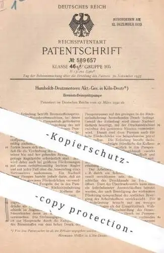 original Patent - Humboldt Deutzmotoren AG , Köln | 1932 | Brennstoffeinspritzpumpe | Einspritzpumpe | Motor , Motoren