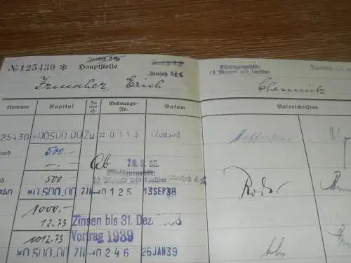 altes Sparbuch Chemnitz , 1938 - 1945 , Erich Irmscher in Chemnitz , Sparkasse , Bank !!