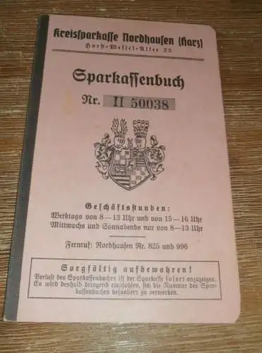 altes Sparbuch Nordhausen a. Harz , 1941 - 1944 , Anna Rost geb. Glorius in Breitenbach , Sparkasse , Bank !!