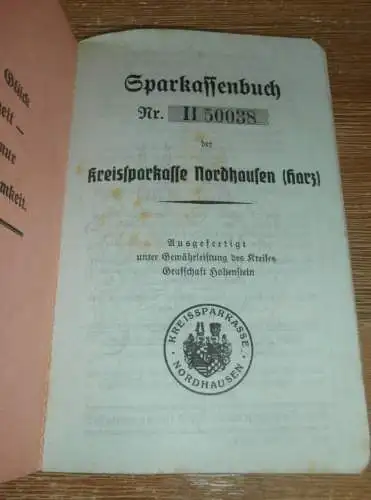 altes Sparbuch Nordhausen a. Harz , 1941 - 1944 , Anna Rost geb. Glorius in Breitenbach , Sparkasse , Bank !!