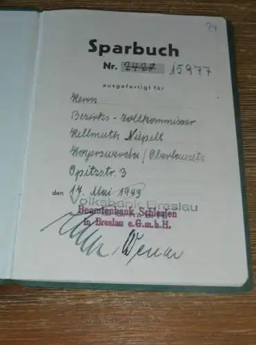 altes Sparbuch Breslau , 1943 - 1944 , Zollkommissar Hellmuth Niepelt in Hoyerswerda , Sparkasse , Bank !!