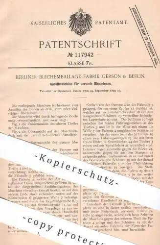 original Patent - Berliner Blechemballage Fabrik Gerson , Berlin , 1899 , Anrollmaschine für Blechdosen | Blech - Dose