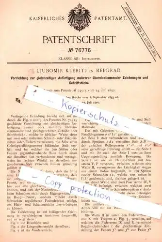 original Patent - Ljubomir Kleritj in Belgrad , 1893 , Instrumente !!!