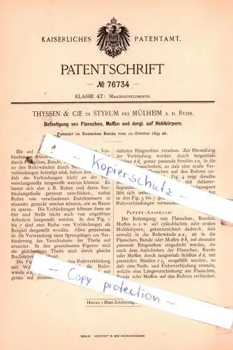 original Patent - Thyssen & Cie in Styrum bei Mühlheim a. d. Ruhr , 1893 , Maschinenelemente !!!