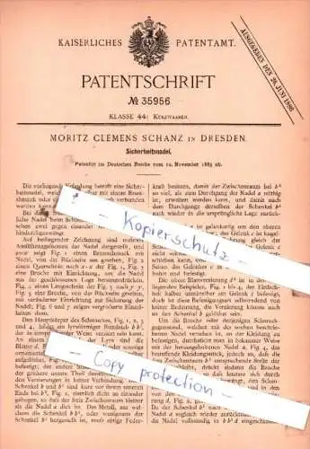 Original Patent  - Moritz Clemens Schanz in Dresden , 1885 , Sicherheitsnadel !!!