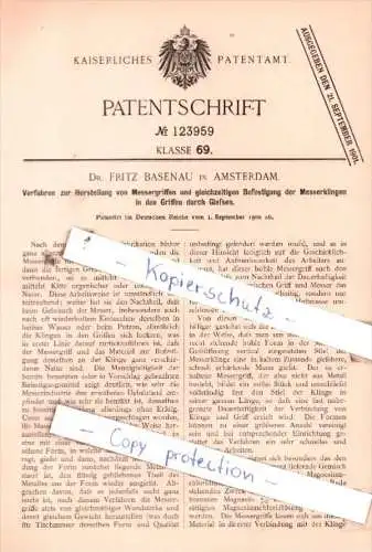 Original Patent  - Dr. Fritz Basenau in Amsterdam , 1900 , Herstellung von Messergriffen !!!