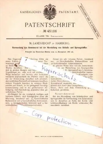 Original Patent  - M. Lamensdorf in Hamburg , 1887 , Sprengstoffe !!!