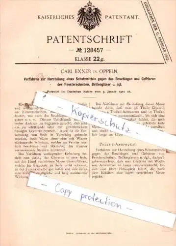 Original Patent  - C. Exner in Oppeln , 1901 , Schutzmittels gegen Gefrieren der Fensterscheiben !!!